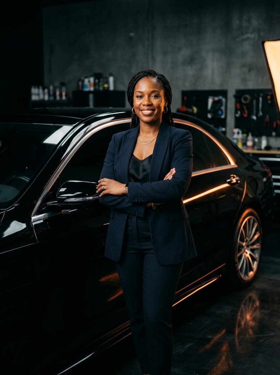 Shop owner beside a freshly detailed car